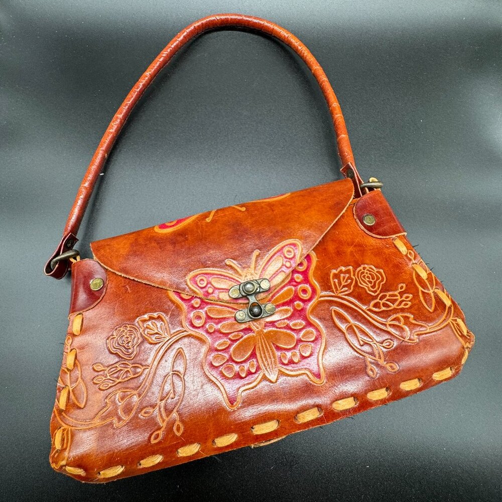 Vintage Tooled Leather Handbag Purse Butterfly Flowers Brown Red Tan India *READ